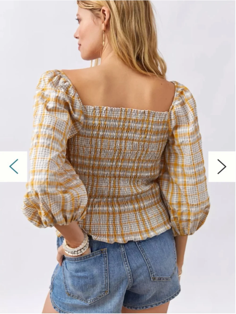 Anthropologie Maeve Seersucker Puff Sleeve Top Small Yellow Plaid Cottagecore